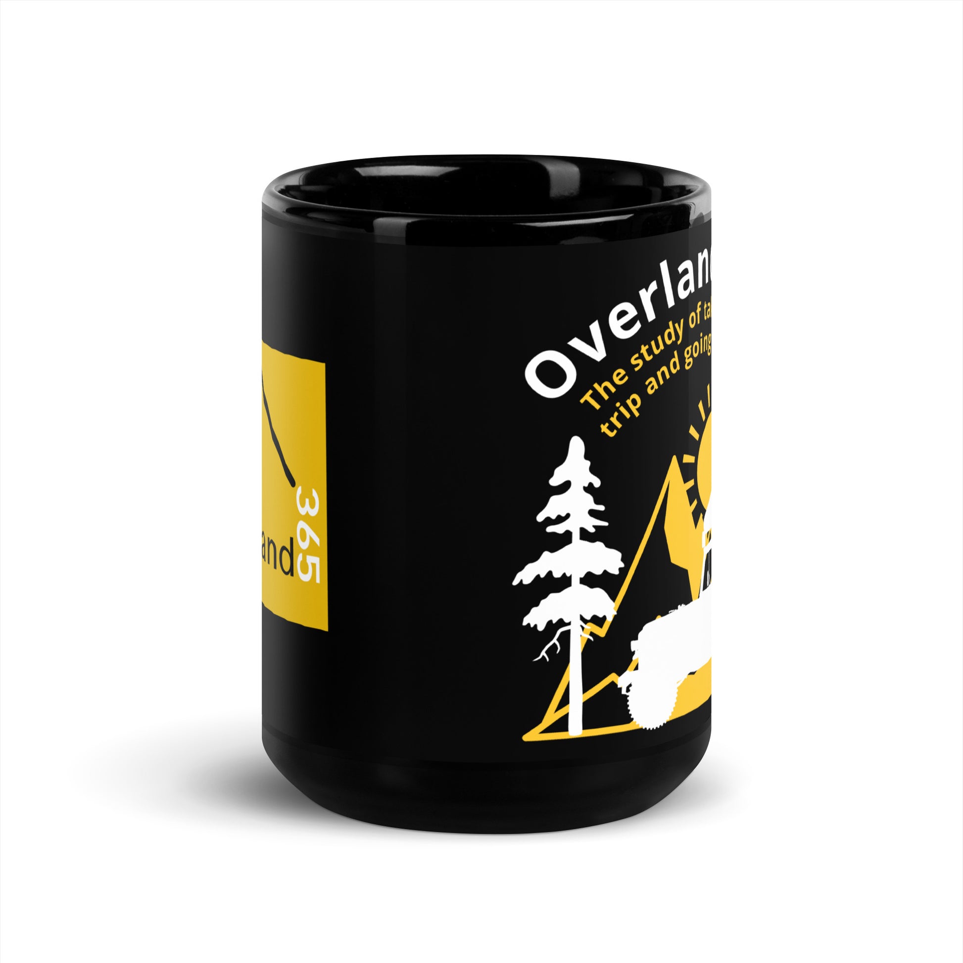 Black 15oz coffee mug. Overland-ology. The study of taking a road trip and going camping. side view. overland365.com