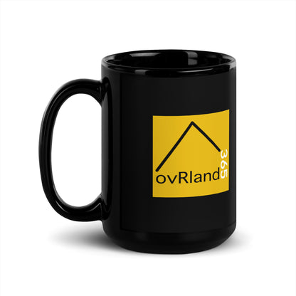 Black 15oz coffee mug. Overland-ology. The study of taking a road trip and going camping. back view. overland365.com
