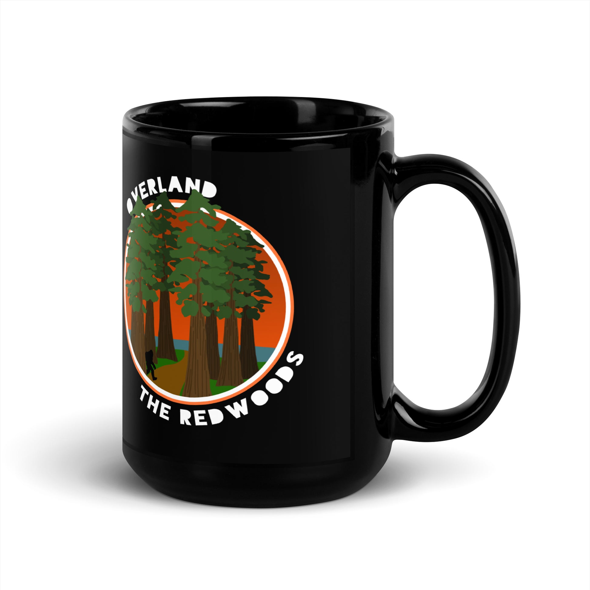 Overland the Redwoods. Bigfoot. Black 15oz coffee mug. front view. overland365.com