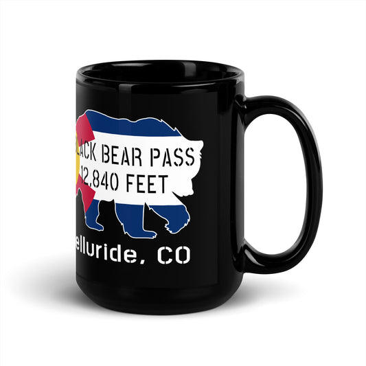 Black Bear Pass, Telluride, CO, 15oz black coffee mug, front view. overland365.com
