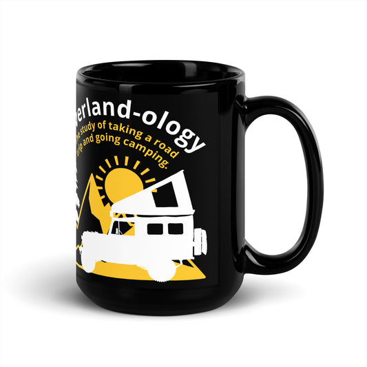 Black 15oz coffee mug. Overland-ology. The study of taking a road trip and going camping. front view. overland365.com