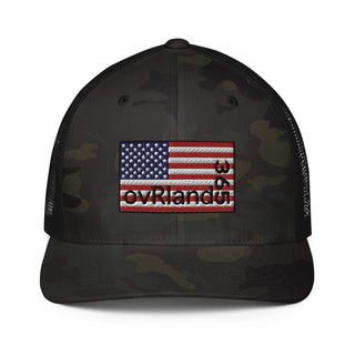 MultiCam Black/Black FlexFit Overland 365 USA flag Trucker Cap. Front Facing. overland365.com