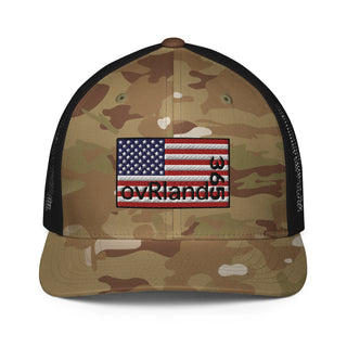 MultiCam Green/Black FlexFit Overland 365 USA flag Trucker Cap. Front Facing. overland365.com