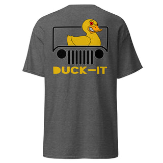 DUCK-IT JEEP yellow rubber ducky design. Dark grey. T-shirt back. overland365.com