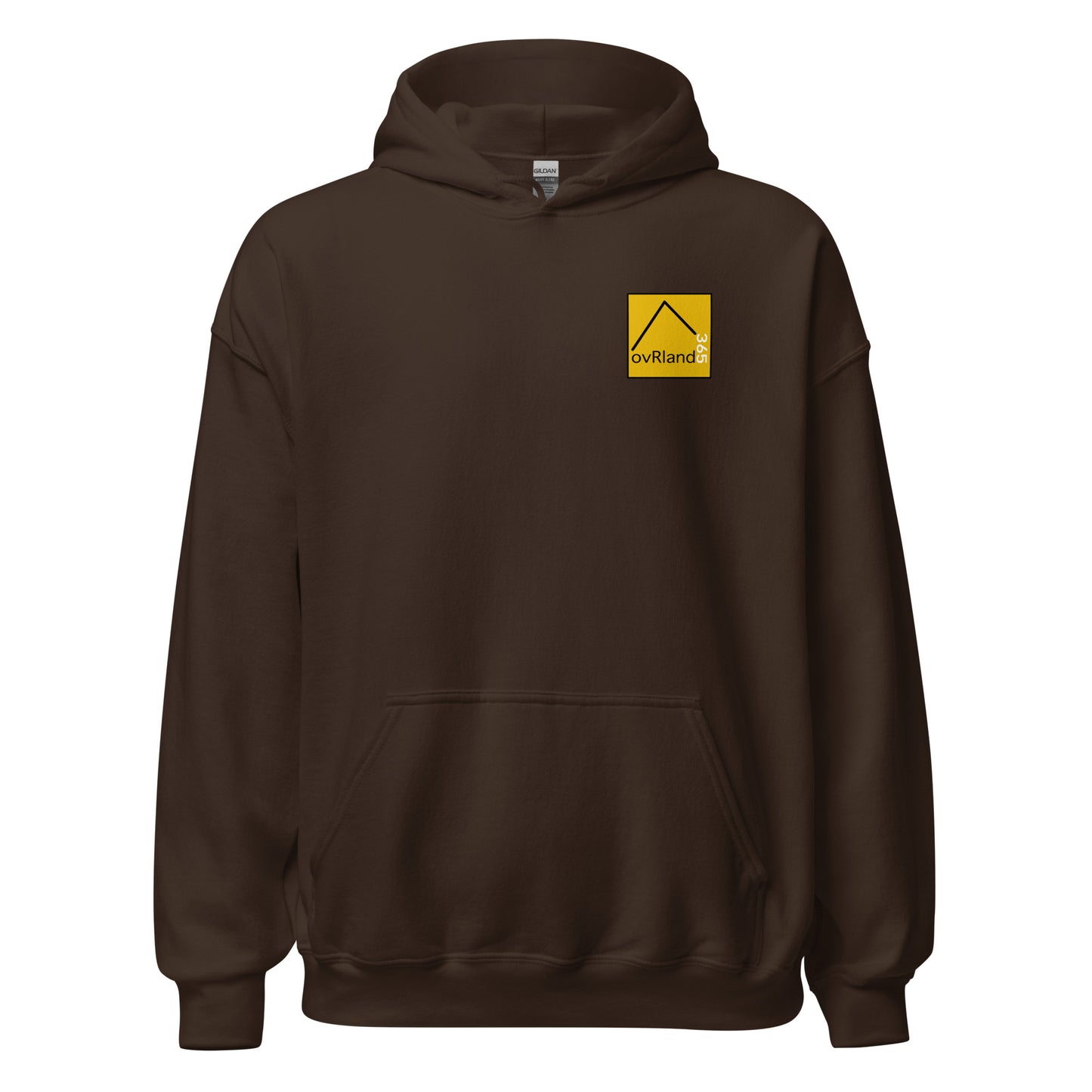 Overland-ology Hoodie. The study of road-trips and camping. Dark Chocolate. Front View. overland365.com
