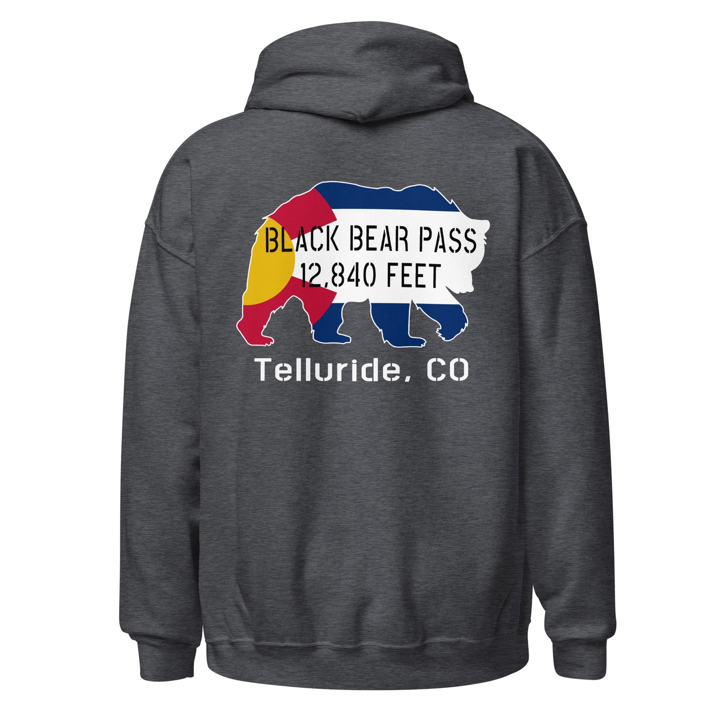 Black Bear Pass, 12840 feet, Telluride, CO. Dark Grey hoodie. Back View. overland365.com