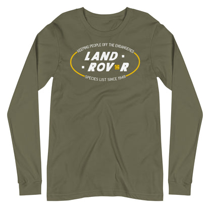 Design inspired by an old Land Rover advert. "Keeping people off the endangered species list since 1948." Green long-sleeve. overland365.com