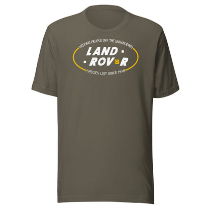 Design inspired by an old Land Rover advert. "Keeping people off the endangered species list since 1948." Green t-shirt. overland365.com