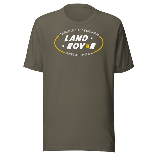 Design inspired by an old Land Rover advert. "Keeping people off the endangered species list since 1948." Green t-shirt. overland365.com