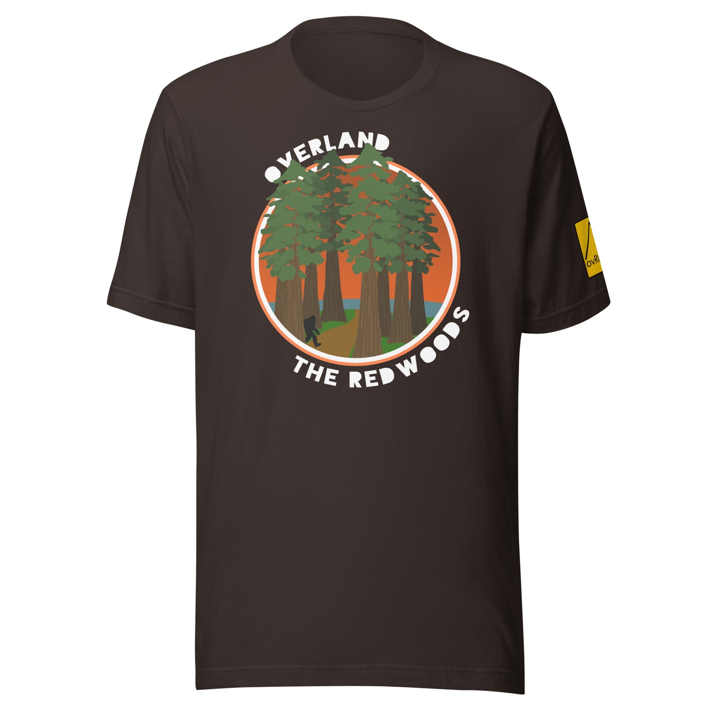 Overland the Redwoods. Bigfoot country. Brown t-shirt. overland365.com