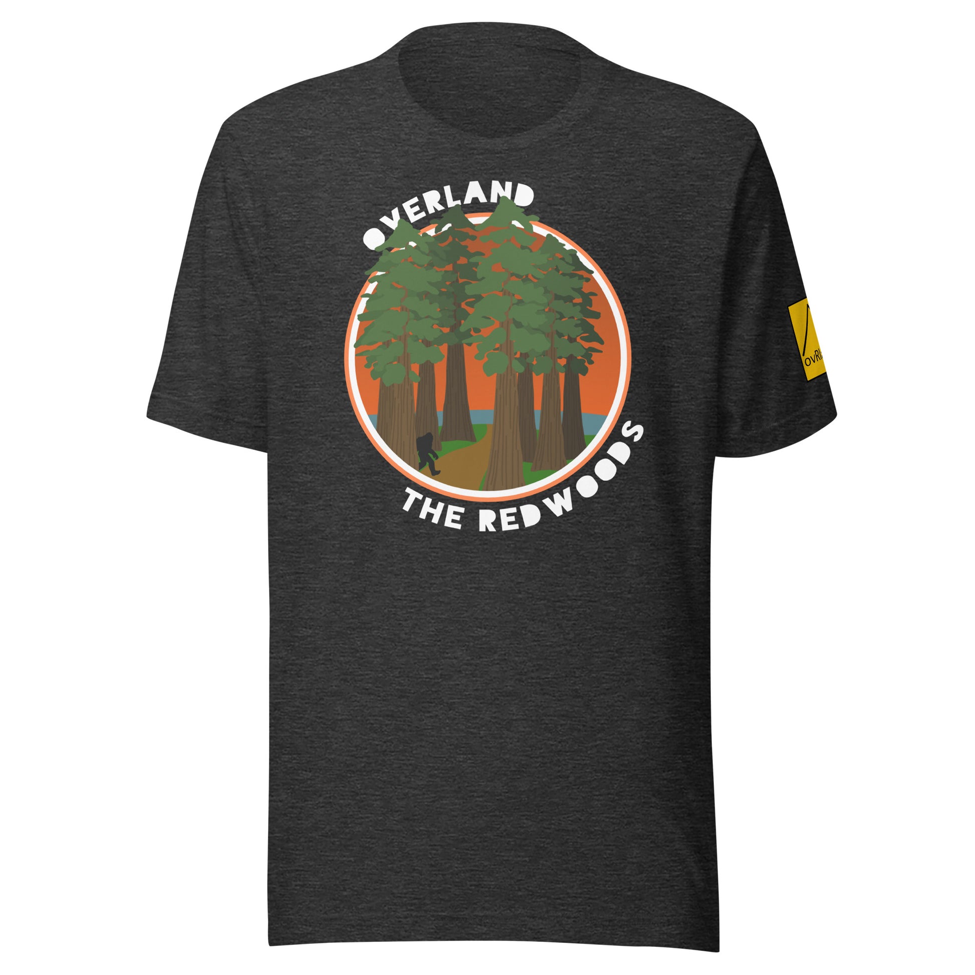 Overland the Redwoods. Bigfoot country. Dark Grey t-shirt. overland365.com