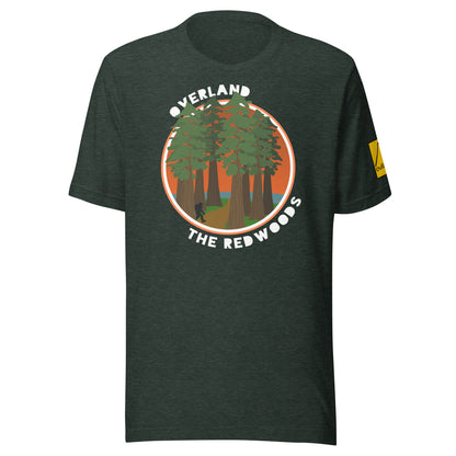 Overland the Redwoods. Bigfoot country. Forest green t-shirt. overland365.com