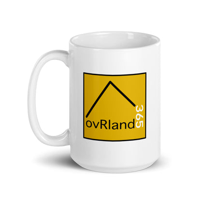 Skip work and overland. 15 oz coffee mug. back view. overland365.com