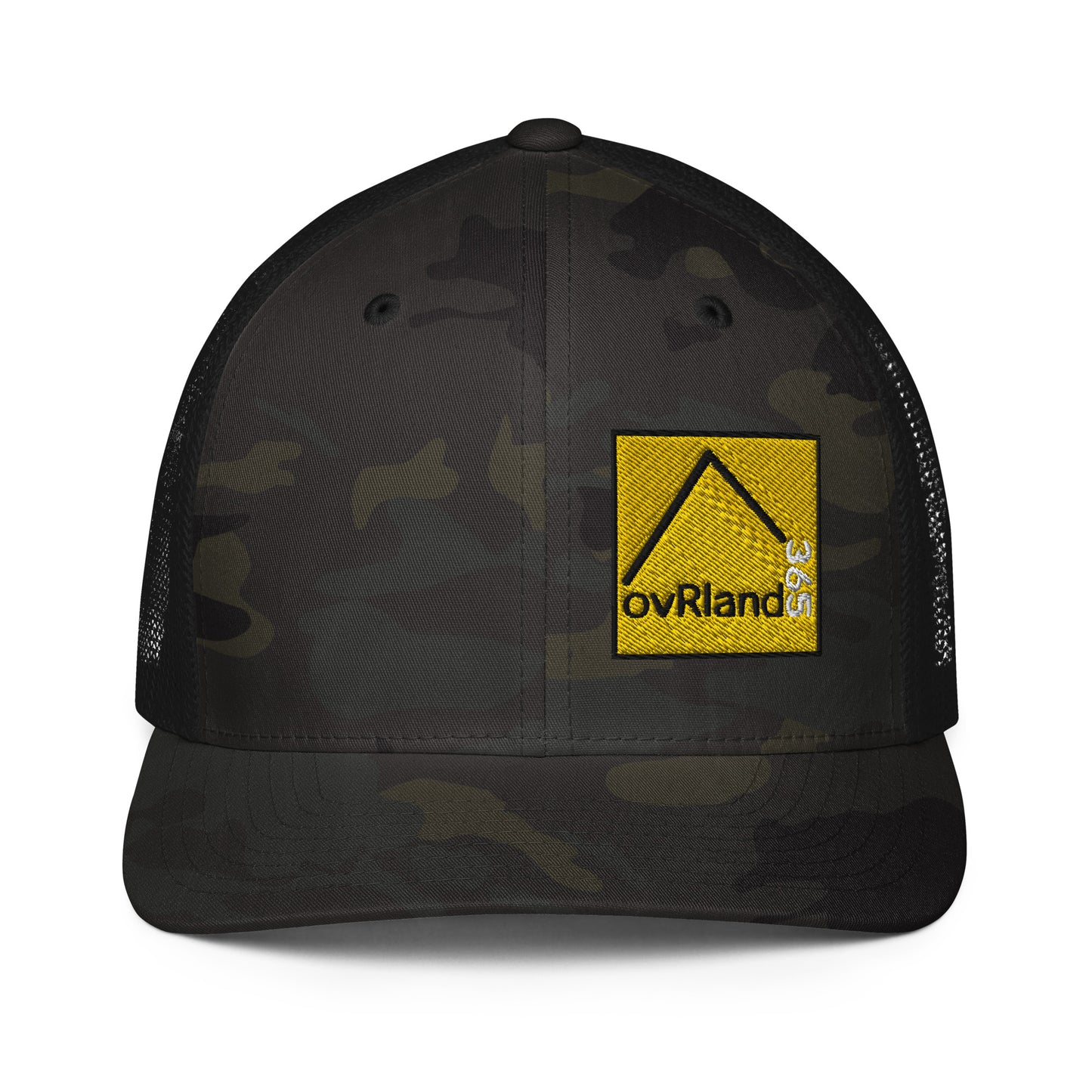 Black MultiCam FlexFit Trucker Cap with our square yellow logo. front facing. overland365.com