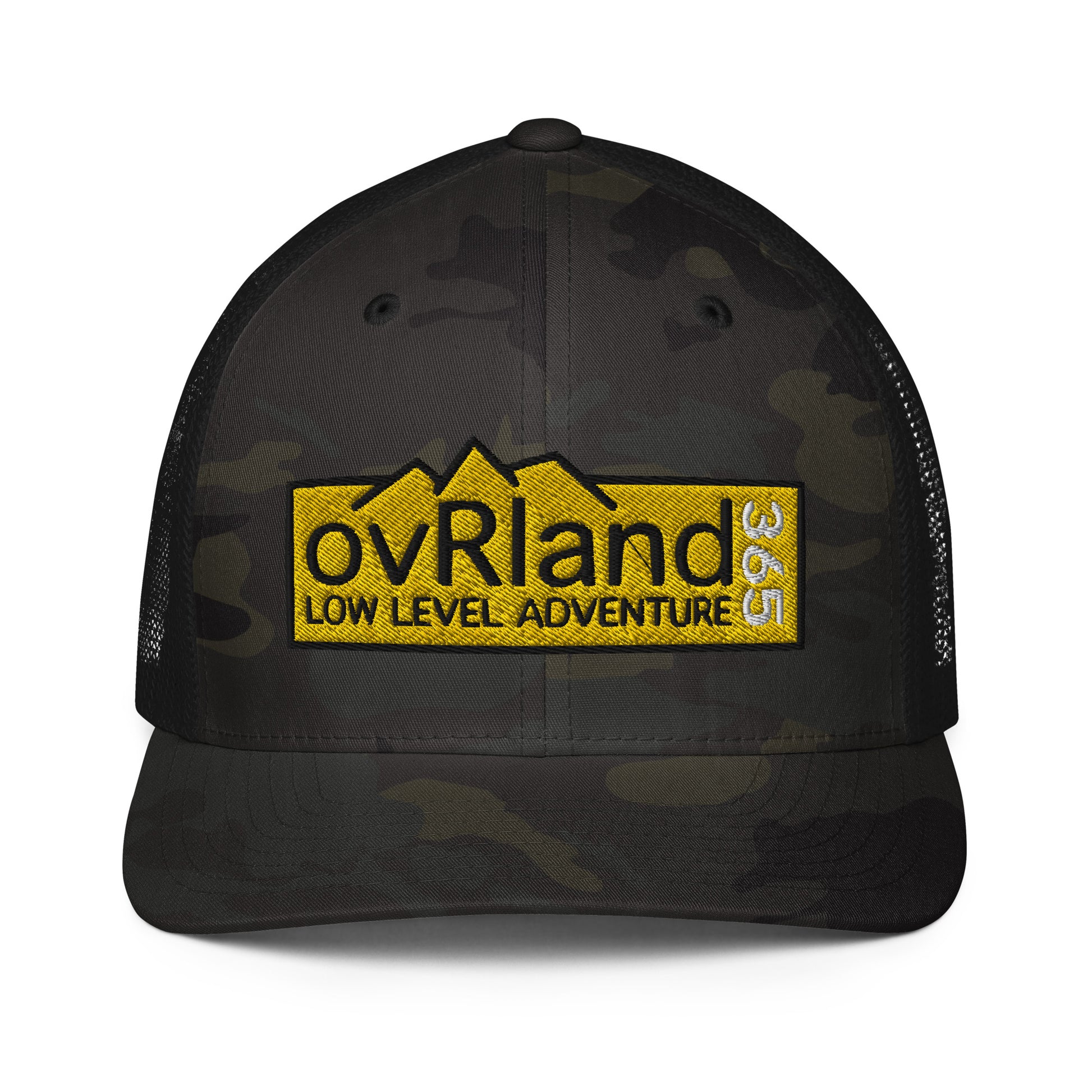 Black MultiCam FlexFit Trucker Cap with our Low Level Adventure yellow logo. front facing. overland365.com