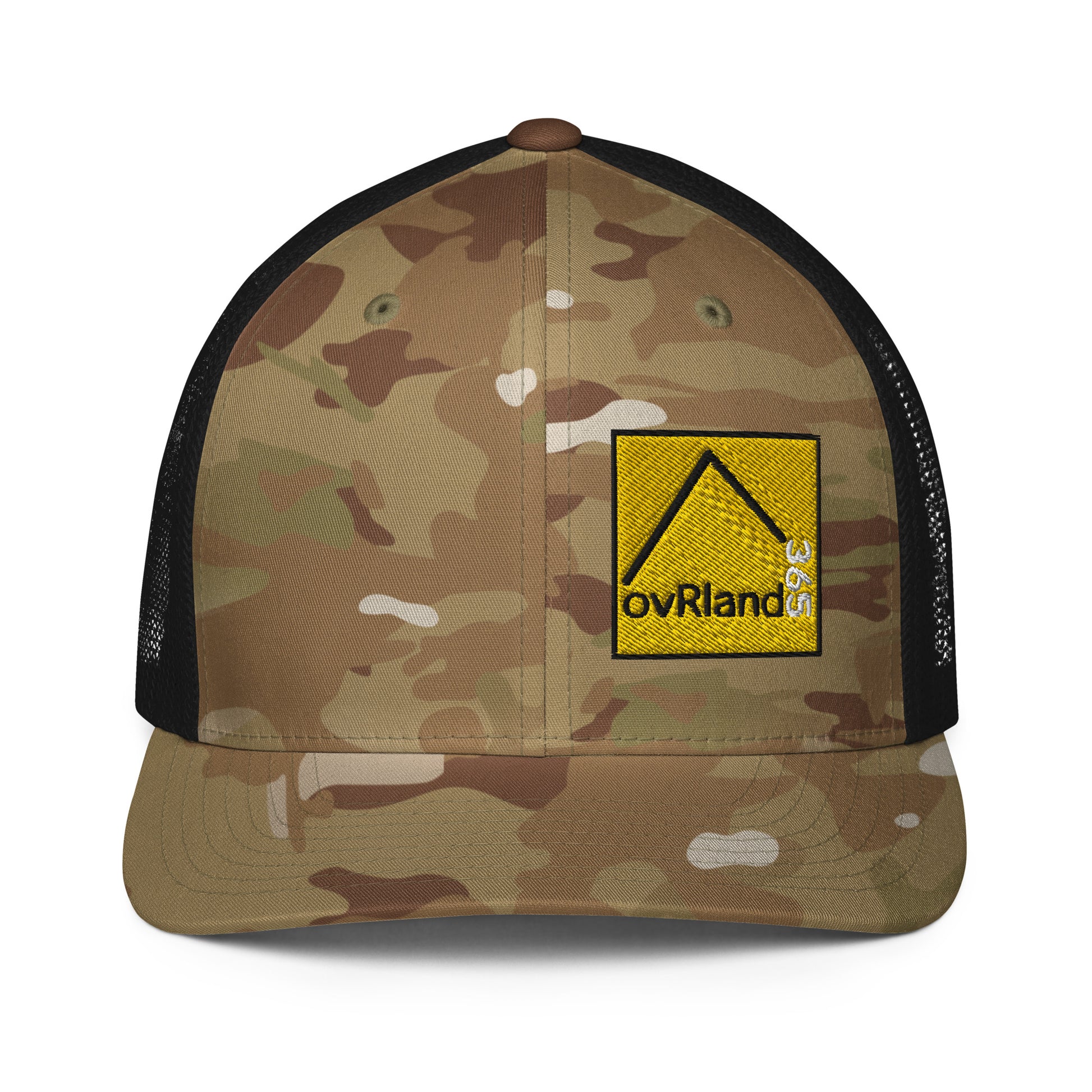 Green MultiCam FlexFit Trucker Cap with our square yellow logo. front facing. overland365.com