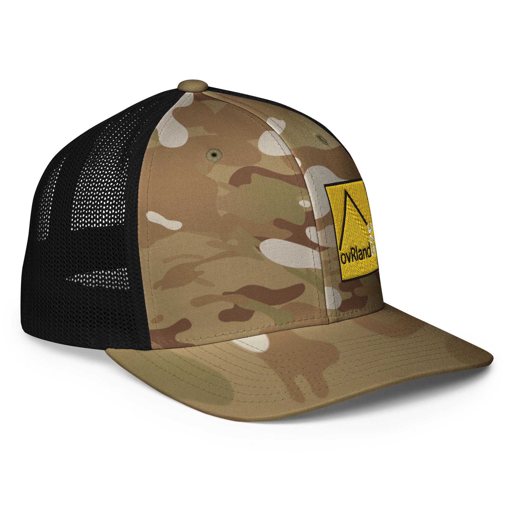Green MultiCam FlexFit Trucker Cap with our square yellow logo. side facing. overland365.com