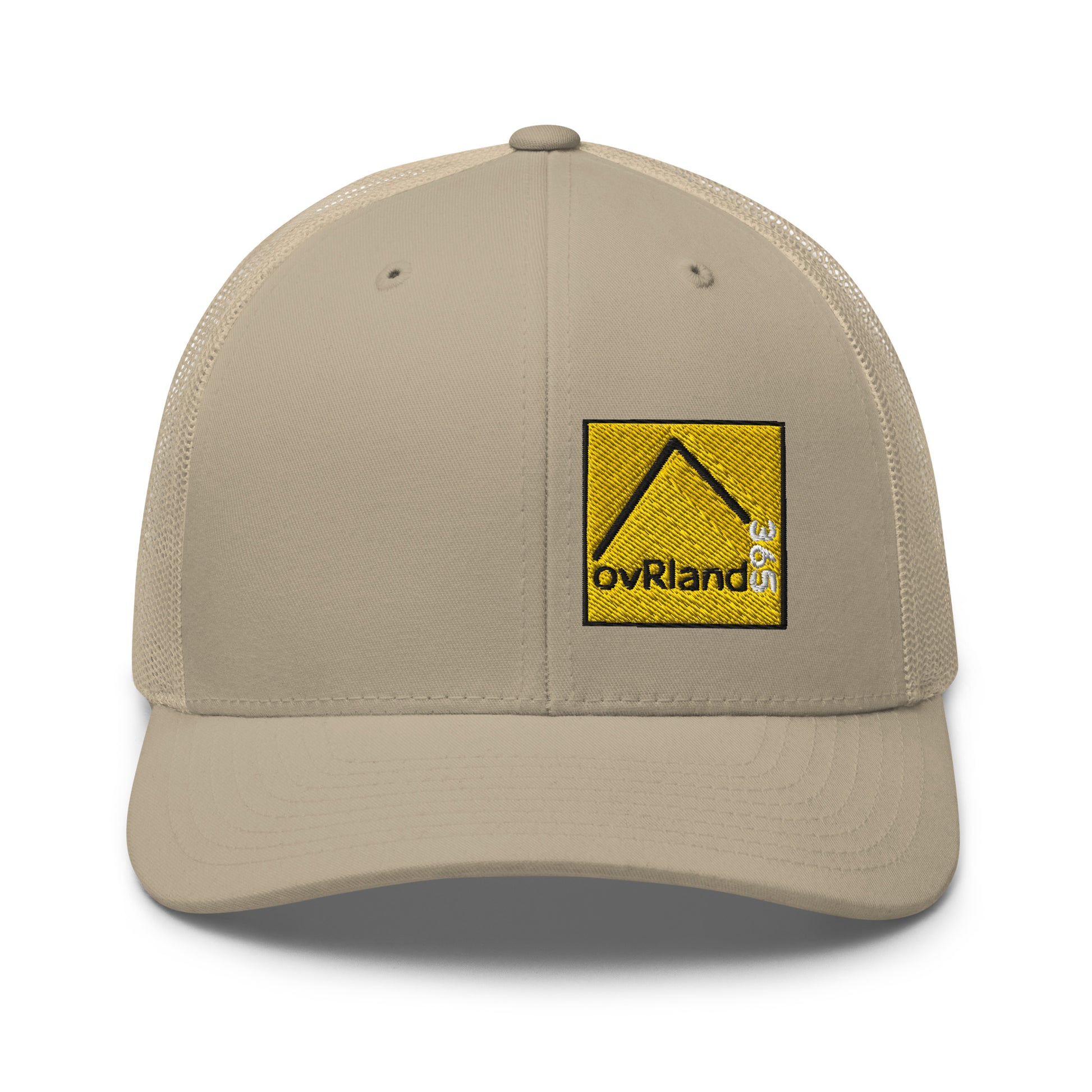 Khaki Snap Back Trucker Cap with our square 365 logo. front facing. overland365.com