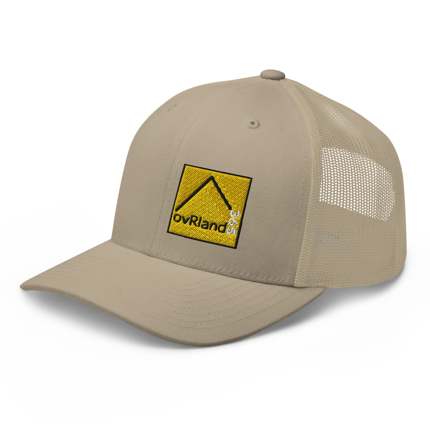Khaki Snap Back Trucker Cap with our square 365 logo. side facing. overland365.com