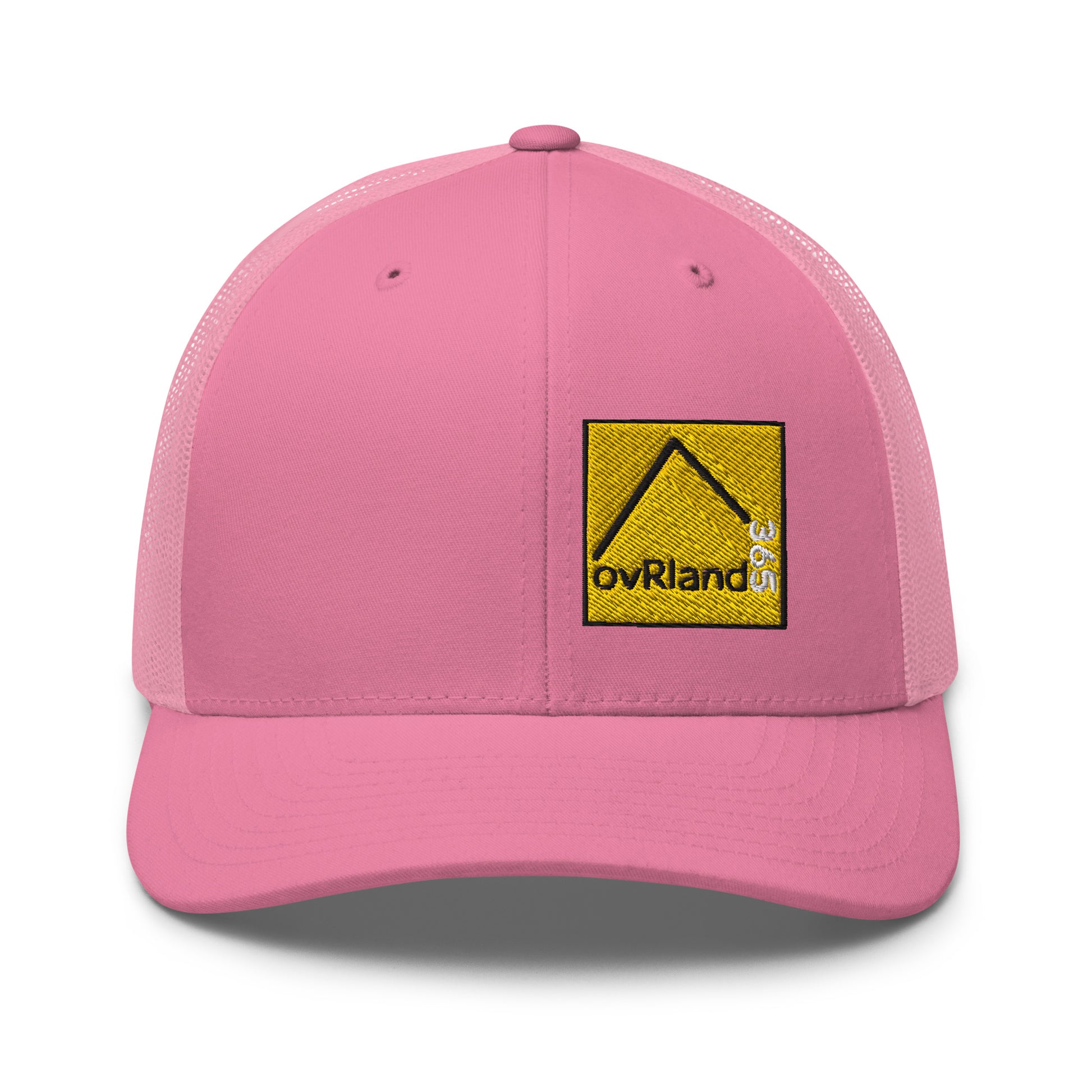 Pink Snap Back Trucker Cap with our square 365 logo. front facing. overland365.com