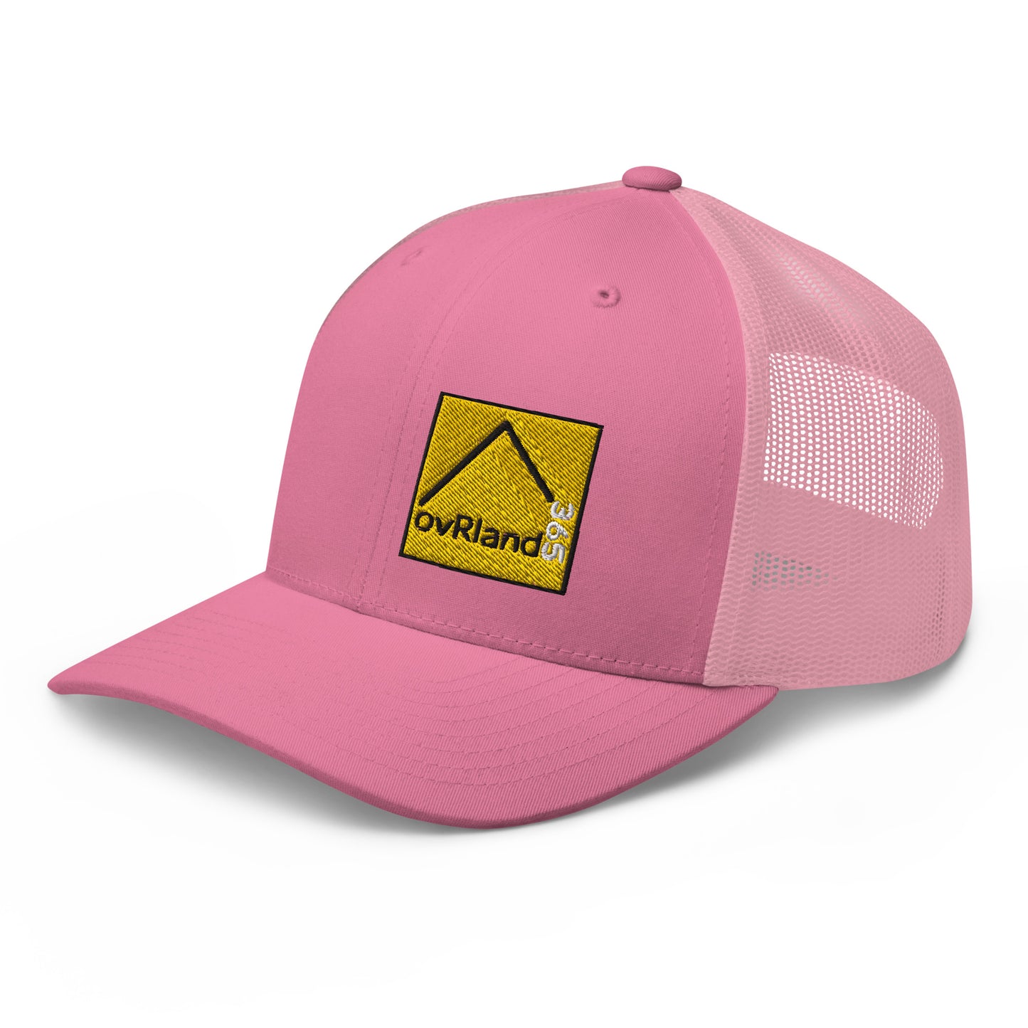 Pink Snap Back Trucker Cap with our square 365 logo. side facing. overland365.com
